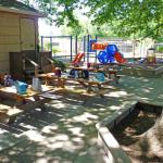 The view from the opposite side over looking the outside eating area that observes the slides and swings.